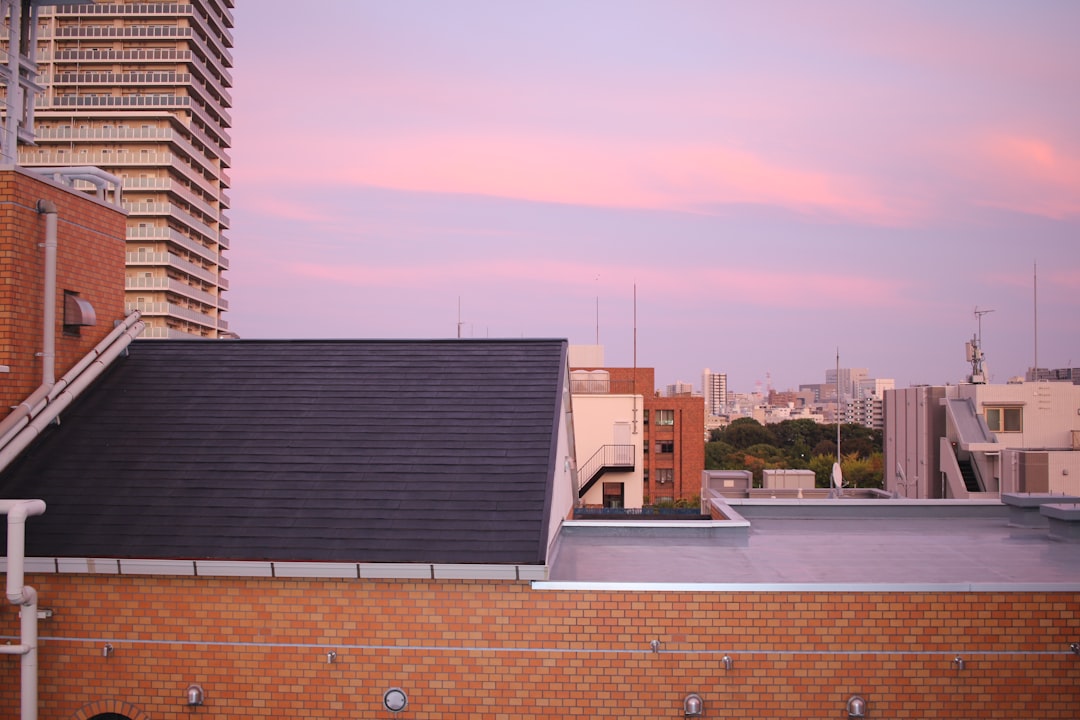 Pink sky over city buildings at dusk