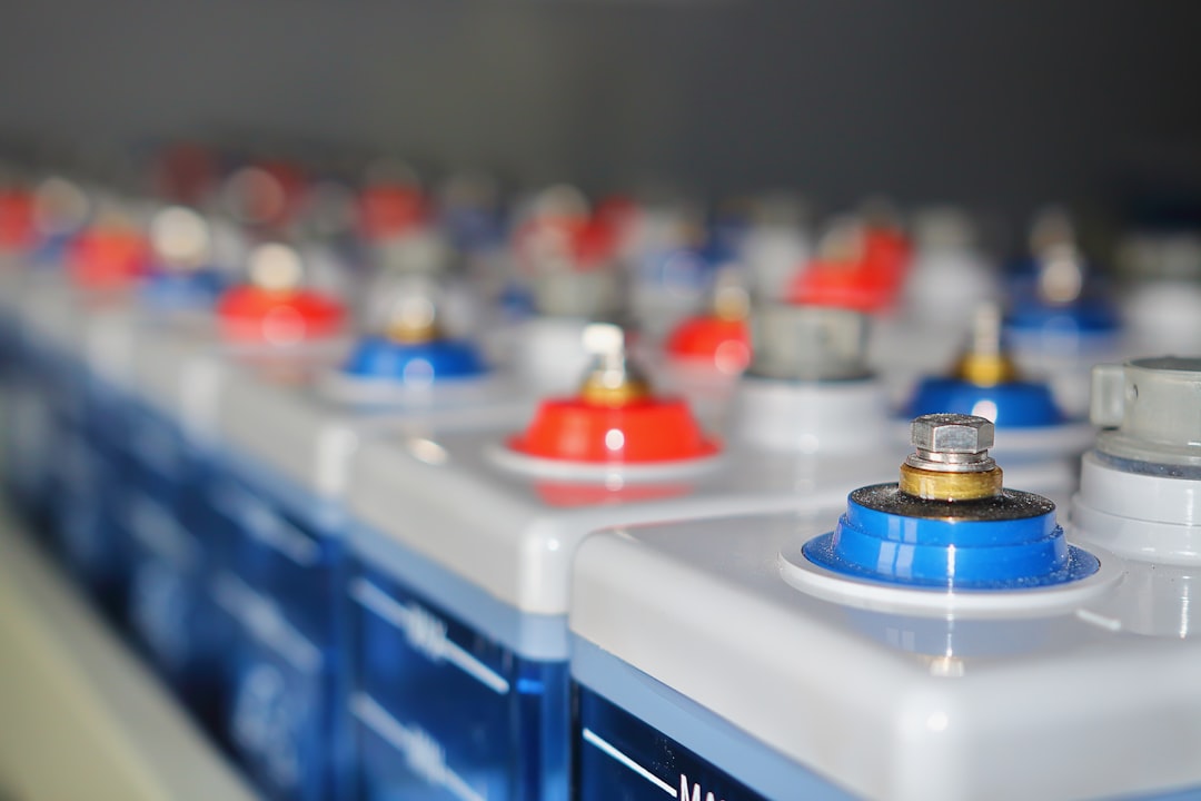 Rows of batteries with red and blue terminals.