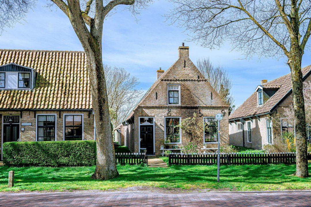 Several traditional brick houses line a green street with trees