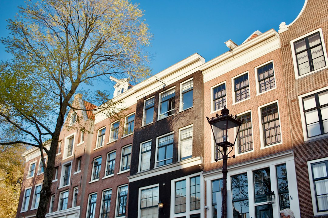 Row of historic brick buildings with large windows